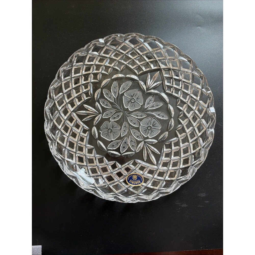 Cut Lead Crystal Bohemian Serving Platter Bohemia Czechoslovakia Vintage Floral